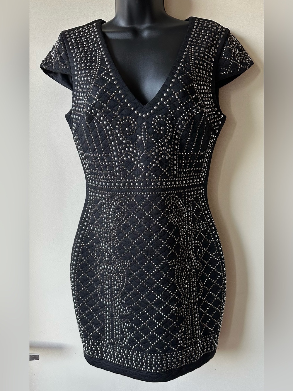 Bebe Studded Rhinestone Bodycon Mini Dress Black Silver Size:S